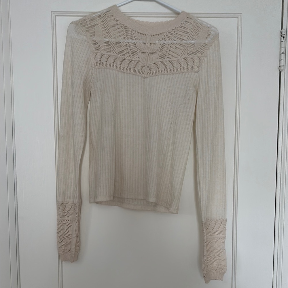 Free People Cream Crochet Knit Long Sleeve Top